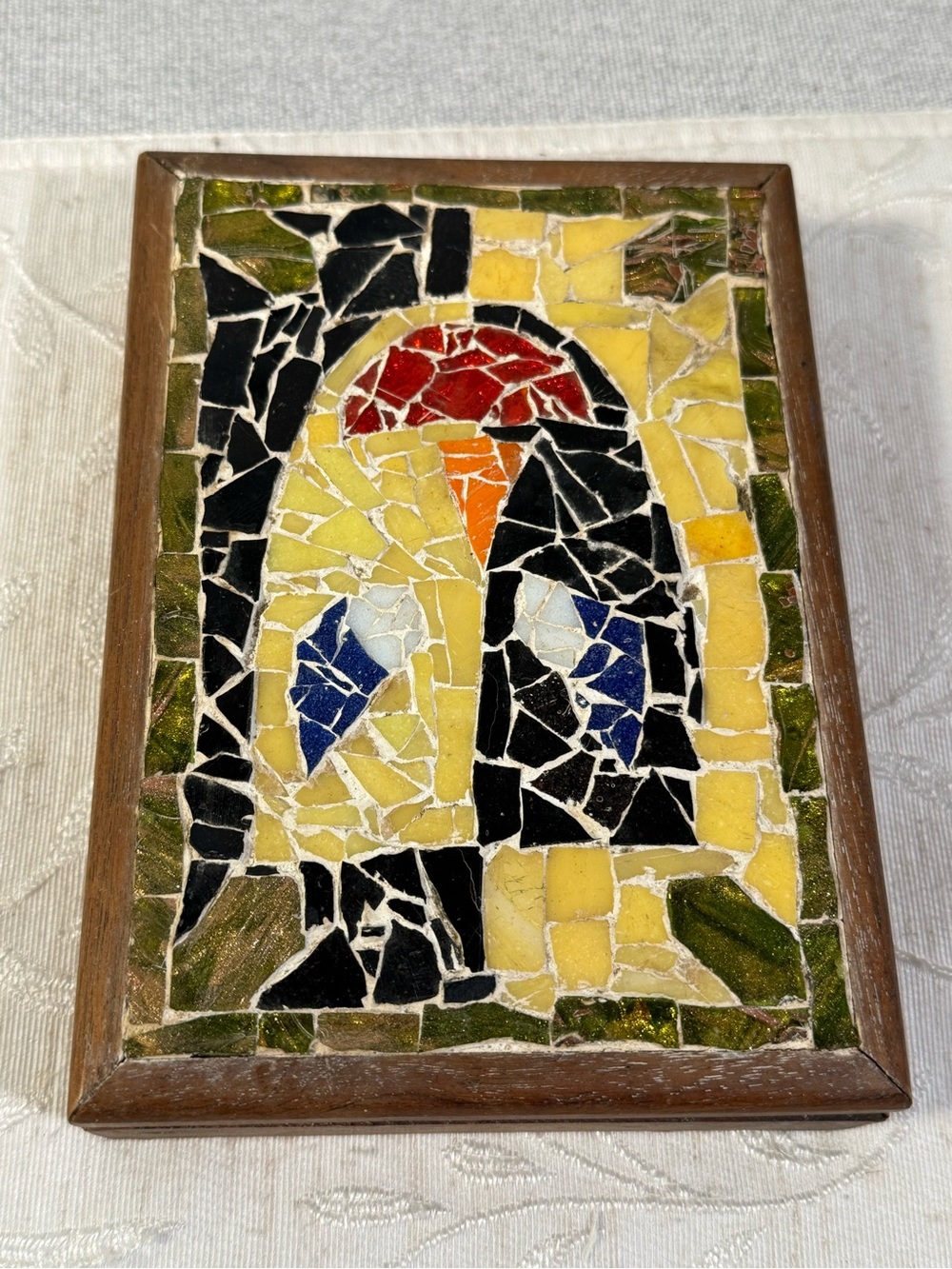 Vintage Wooden Mosaic Tile Trinket Box Mid Century Modern Bird Art Wood Jewelry